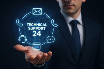 Technical support 24 hours service concept with business man holding digital icons in hand