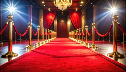 A glamorous red carpet pathway leads to an elegant venue entrance