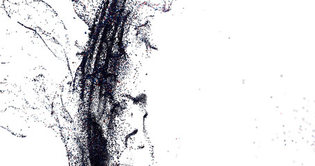 High-resolution digital art featuring abstract particle dispersion in shades of black and white. Ideal for back