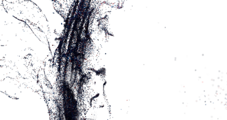 High-resolution digital art featuring abstract particle dispersion in shades of black and white. Ideal for back