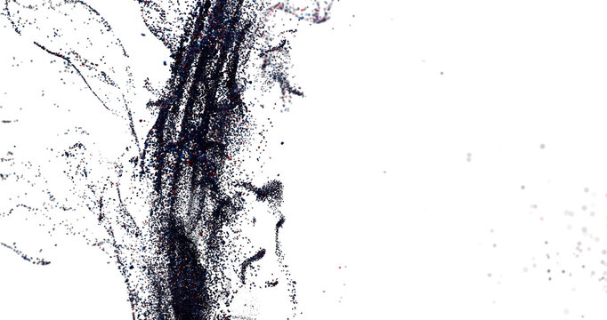 High-resolution digital art featuring abstract particle dispersion in shades of black and white. Ideal for back