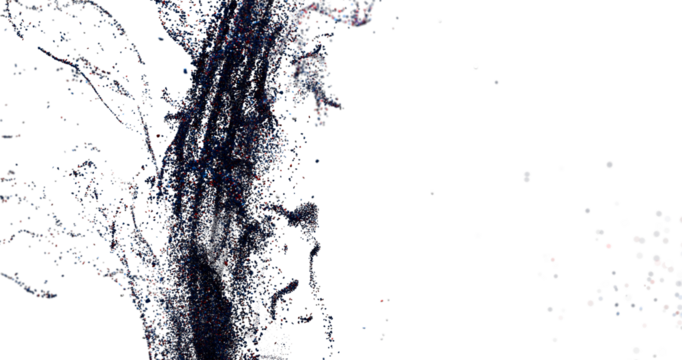 High-resolution digital art featuring abstract particle dispersion in shades of black and white. Ideal for back