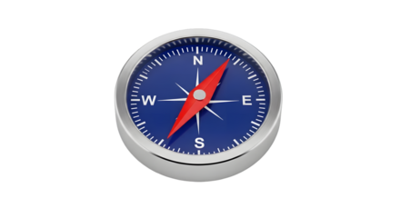 A blue compass with a red needle pointing north, isolated on transparent background