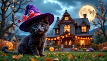 Obraz premium A black cat is perched in the grass in front of a festively Halloween house with lit jack o' lanterns and skeletal decorations
