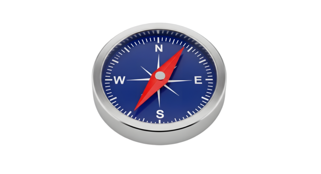 A blue compass with a red needle pointing north, isolated on transparent background