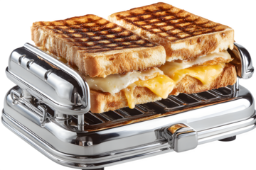 Dual-slot sandwich press with chrome finish and grilled sandwich inside ? optimized for food blogs, recipe cards, and menus