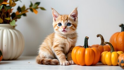 In this charming autumnal setting, a small kitten with orange brown stripes is sitting attentively on a white surface in front of two pumpkins, one on each side