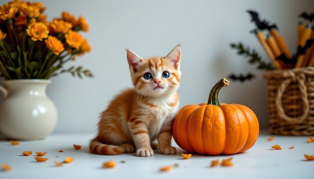 A kitten sits near a white pumpkin, creating an autumnal theme, with flowers scattered around.