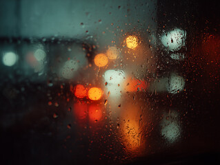 Raindrops on Glass with Blurred Night City Lights

