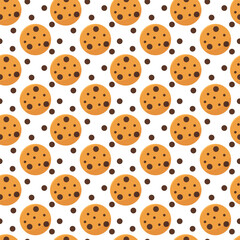Seamless pattern with chocolate chip cookie. sweet baked tasty snack dessert.