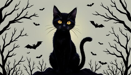 A Halloween themed scene featuring a black cat sitting on a pile of hay with bats flying around in a spooky environment