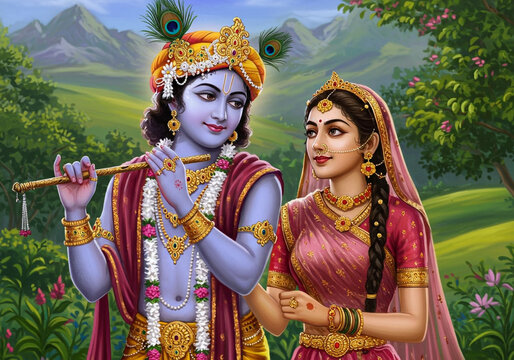 Illustration of krishna playing flute with radha in a vibrant outdoor setting with mountains