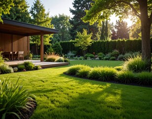 Obraz premium Beautiful lush green backyard garden with well-maintained lawn, vibrant trees, ornamental plants, and modern wooden patio du sunny daytime