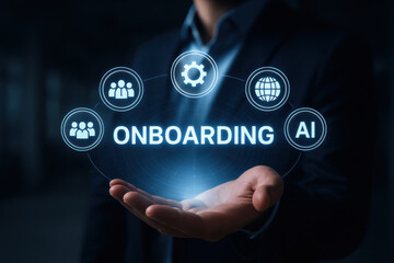 Onboarding concept with AI and digital icons glowing above businessman hand in dark background