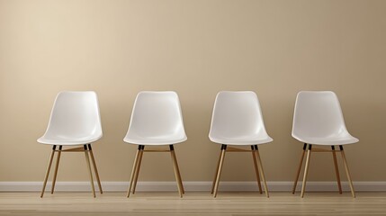 Empty White Chairs in a Row Against Cream Colored Wall, Copy Space Design Element
