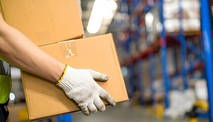 Warehouse worker carrying boxes, ready for shipping and logistics in busy distribution center