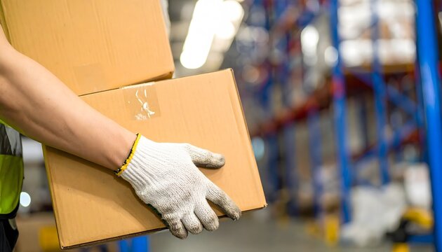 Warehouse worker carrying boxes, ready for shipping and logistics in busy distribution center