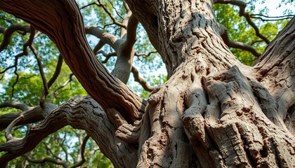 Fototapeta premium Ancient tree trunk detail, gnarled bark, reaching branches, black, graphic