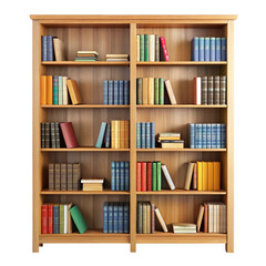 Wooden bookshelf with multiple shelves filled with various colored books