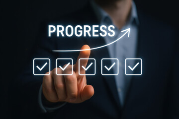 Progress concept with checkmark boxes and upward arrow showing success
