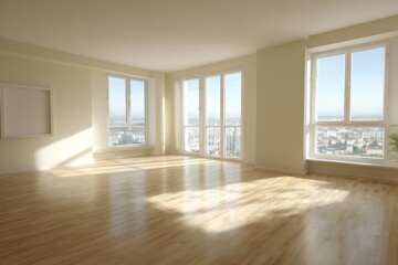Obraz premium Empty, bright room with city view. Spacious, modern