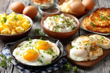 Various egg dishes: boiled eggs, omelets, scrambled eggs, fried eggs , Generative AI