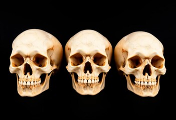 Five identical human skulls arranged in a straight line against a black backdrop,  mortality,   object