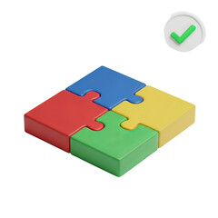 Colorful puzzle pieces connected with a green check mark isolated on transparent background