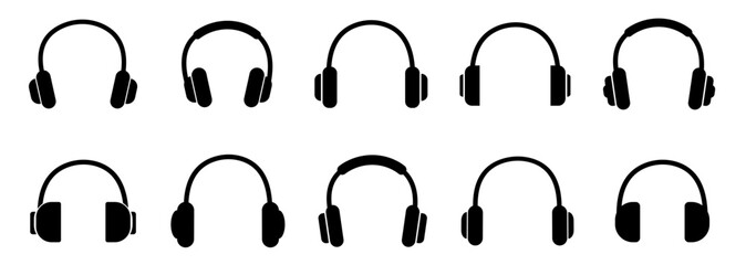 Headphones icon. Black headphones icon collection. Set of music headphones icons. headphone with microphone.  Vector headphone icons