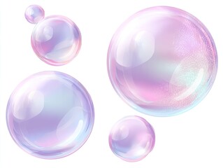 Four iridescent, pastel-colored soap bubbles