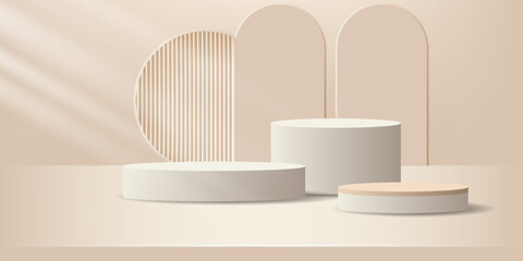 Realistic 3D beige cylindrical podium background with ball, Arch backdrop scene. Minimalist 3D mockup pedestal, Abstract product display.vector illustration
