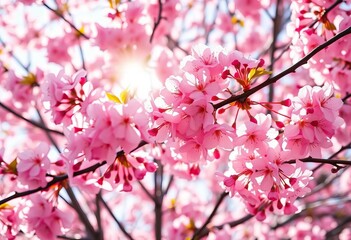 Obraz premium Pink cherry blossoms in full bloom on branches, sunlight filtering through petals, botanical, sunlight