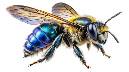 Photo of closeup macro photograph of a metallic blue and yellow bee with iridescent wings, isolated on a transparent background, showcasing intricate detail