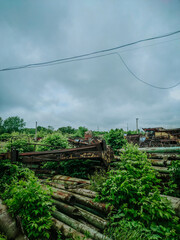 A pile of rusty pipes and a large machine part surrounded by lush green overgrowth and power lines on a gloomy day
