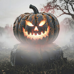 Scary Halloween Pumpkin Lantern with Evil Smile in Misty Night Atmosphere. spooky Halloween Jack-O’-Lantern on stone with mysterious fog and dark trees