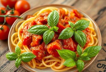 Rustic Italian pasta with vibrant tomato sauce and fresh basil, vegetarian, ingredients