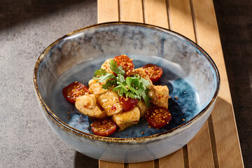 Crispy eggplant with sweet chili sauce and cherry tomatoes in rustic bright overhead tableware setting