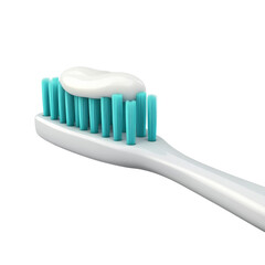Close up view of toothbrush with blue bristles and toothpaste on top, ready for use