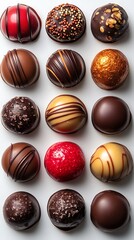 Obraz premium Assortment of Gourmet Chocolate Truffles with Various Toppings and Swirls on a White Background