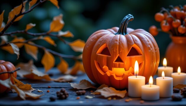 The photo captures a Halloween themed display featuring a lit jack o' lantern, candles, and autumnal leaves.