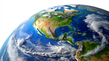 Photo of closeup view of planet earth from space, showing north and central america with clouds and atmosphere isolated on transparent background