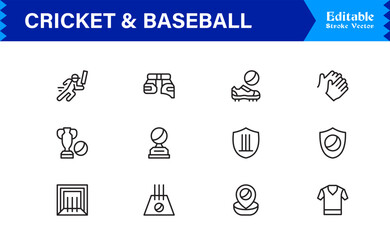 Cricket and Baseball Sports Line Icon Set – Professional, Modern, Minimal, and Pixel Perfect Vector Symbols