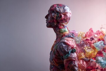 A human body filled with plastic bags waste concept , illustration , Generative AI