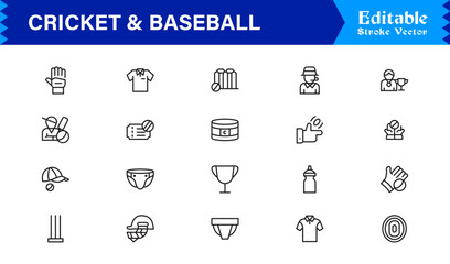 Cricket and Baseball Sports Line Icon Set – Professional, Modern, Minimal, and Pixel Perfect Vector Symbols