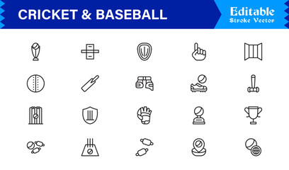 Cricket and Baseball Sports Line Icon Set – Professional, Modern, Minimal, and Pixel Perfect Vector Symbols