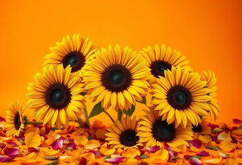Vibrant sunflowers & scattered petals against a warm orange backdrop,  nature,  field