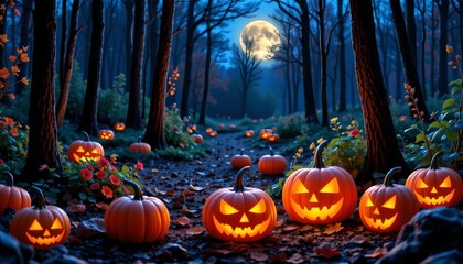 A charming Halloween themed scene set in a forested area at night. A group of six pumpkins, each unique in size and placement, are scattered along a path that cuts through the trees
