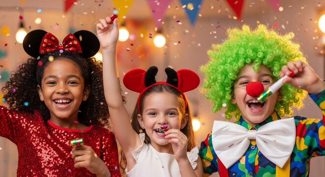 A diverse group of three excited children in vibrant clown and mouse costumes cheer and laugh at a fun-filled birthday party, a perfect image of pure celebratory joy
