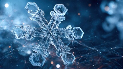 Detailed Snowflake Macro Photography: Ice Crystal Formation on a Cold Winter Day, Isolated on Blue