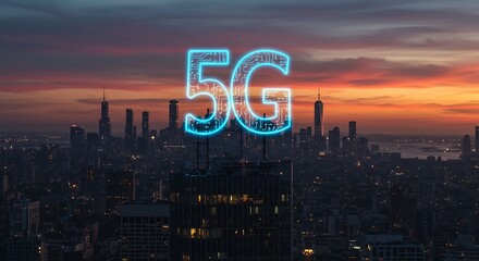 5G Network Over Cityscape at Sunset